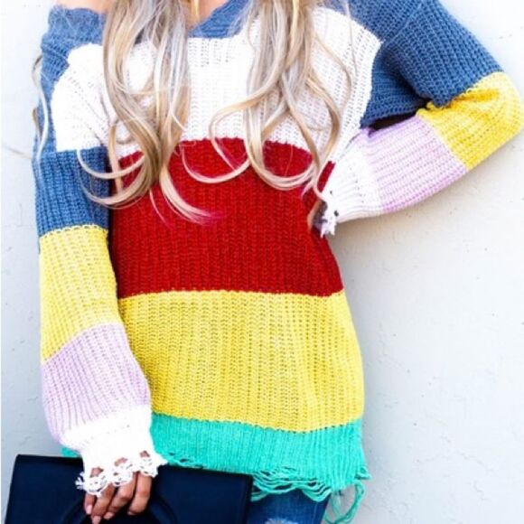 Multicolor V-Neck Women's Sweater - Picture 2 of 5